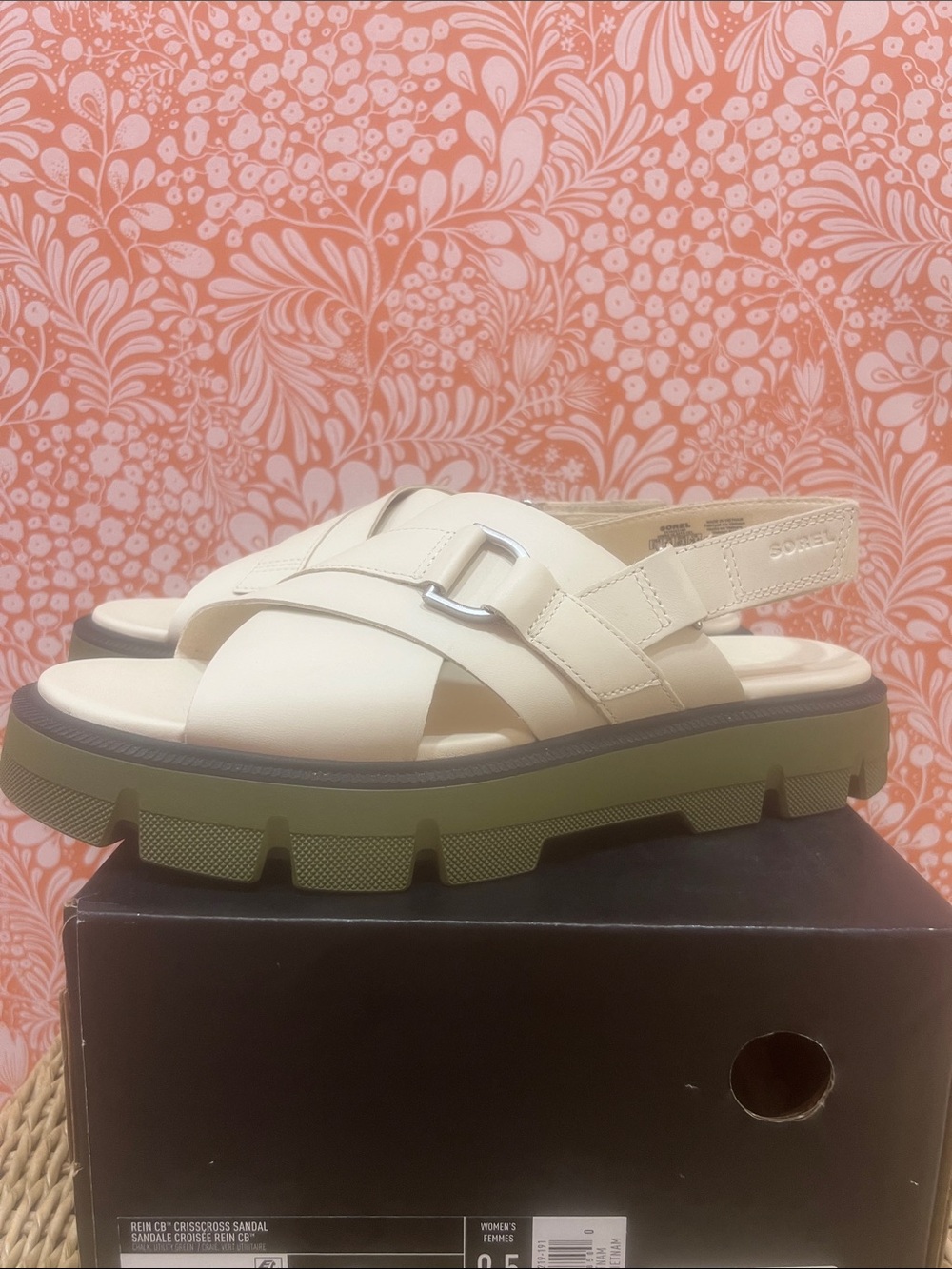 Sorel Cream Cross-Strap Lug Sandals with Olive Sole